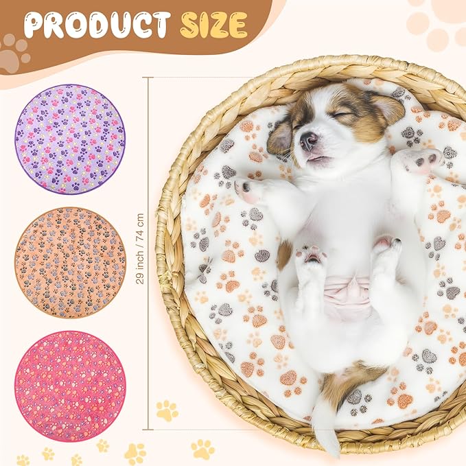 Tatuo 4 Pack Fleece Dog Blankets for Puppy Cats Multi-Size Sleep Mat for Pet Guinea Pig Soft Washable Warm Crate Bed Puppy Teething Toys Print Pattern Blanket Indoor(Mixed Color,Diameter 29 Inch,Paw) - Image 3