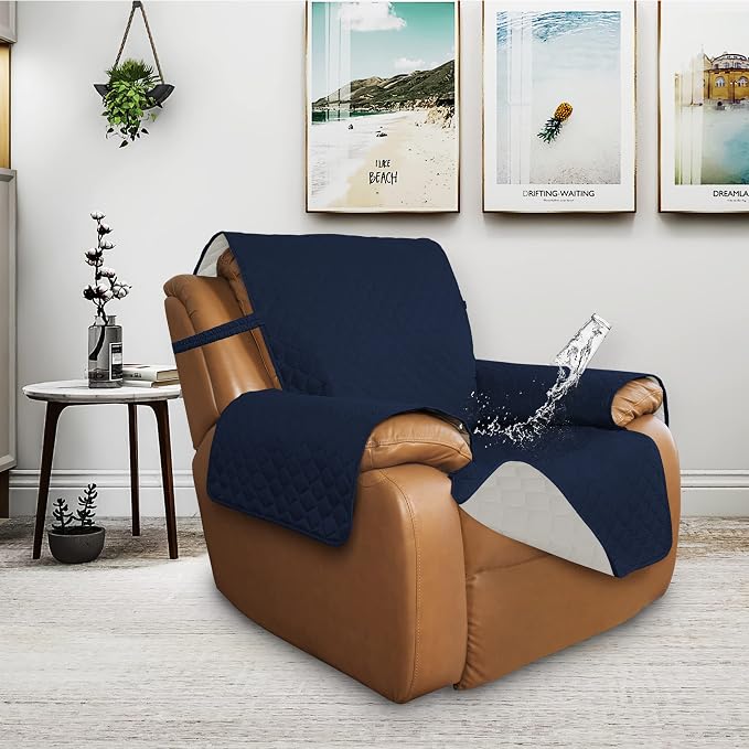 ISSUNTEX Double Protection 100% Waterproof Recliner Covers for Living Room, Reversible Furniture Protector Recliner Couch Sofa Slipcover for Dogs, Pets, Kids (Oversized Recliner, Navy/Ivory) - Image 2
