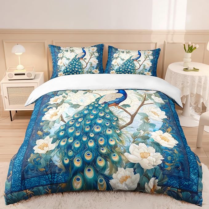 AILONEN Blue Peacock Duvet Cover Set,Floral Bedding Set Animal Feather for Girls,Women King Size,Victorian Style Flower Birds Comforter Cover,3-Piece, 1 Quilt Cover and 2 Pillowcases by AILONEN