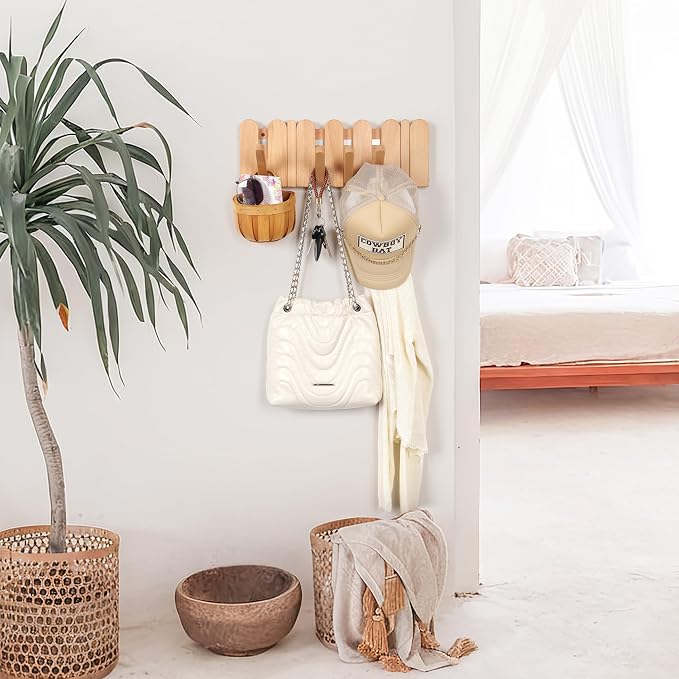 Wooden Boho Wall Mount Coat Rack 6 Hooks 16.8'' | Entryway Hanger with Magnetic Foldable Hooks Mounted, Space Saving for Hanging Jacket Bag for Apartments & Modern Homes - Image 7