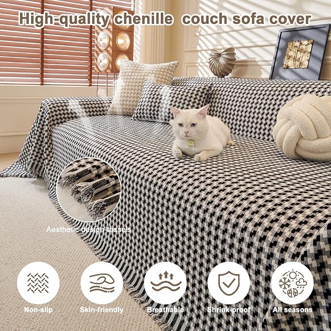 ROOMLIFE Thicked Checkered Boho Black Couch Cover for 2-3 Cushion Sofa, Chenille Sofa Slipcovers Sectional Sofas Covers for Dog, Non Slip Washable Furniture Protector Soft with Tassel 71''X118'' - Image 3