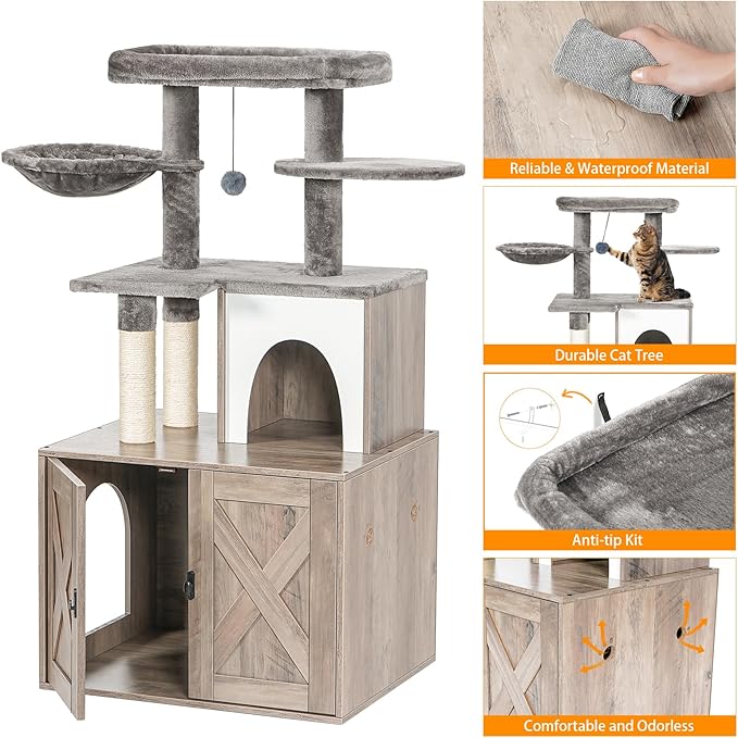 Snughome Cat Litter Box Enclosure with Tree Tower and Condo, Hidden Washroom Furniture with Sisal Scratching Post and Soft Plush Perch, Wooden Cat Furniture with Multiple Platforms, Grey - Image 6