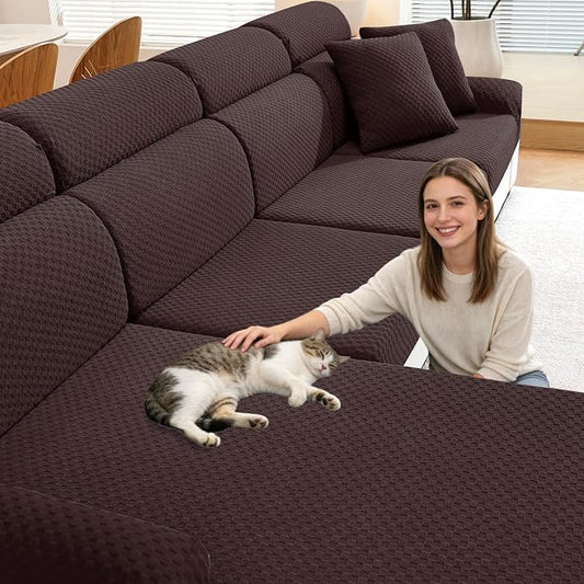 YEMYHOM Couch Cushion Covers for Sofa, Stretch Sectional Couch Seat Cushion Covers Washable Thick Furniture Protector Sofa Slipcovers for Pets (2 Seater + 1 Chaise, Dark Coffee) by YEMYHOM