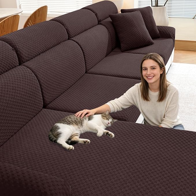 YEMYHOM Couch Cushion Covers for Sofa, Stretch Sectional Couch Seat Cushion Covers Washable Thick Furniture Protector Sofa Slipcovers for Pets (3 Seater + 1 Chaise, Dark Coffee) by YEMYHOM