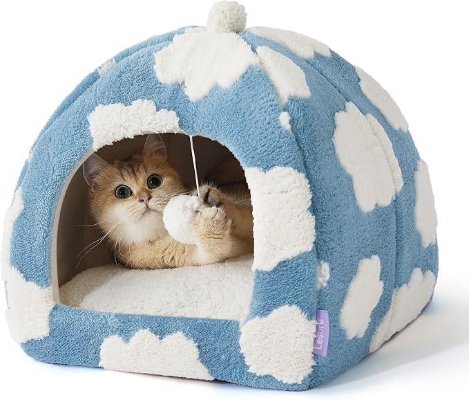 Lesure Cute Cat Beds for Indoor Cats - 2 in 1 Cat Cave Bed for Kittens and Small Pets with Removable Washable Cushioned Pillow, Cozy Kitten Tent with Non-Slip Bottom, Blue, 16 inches by Lesure