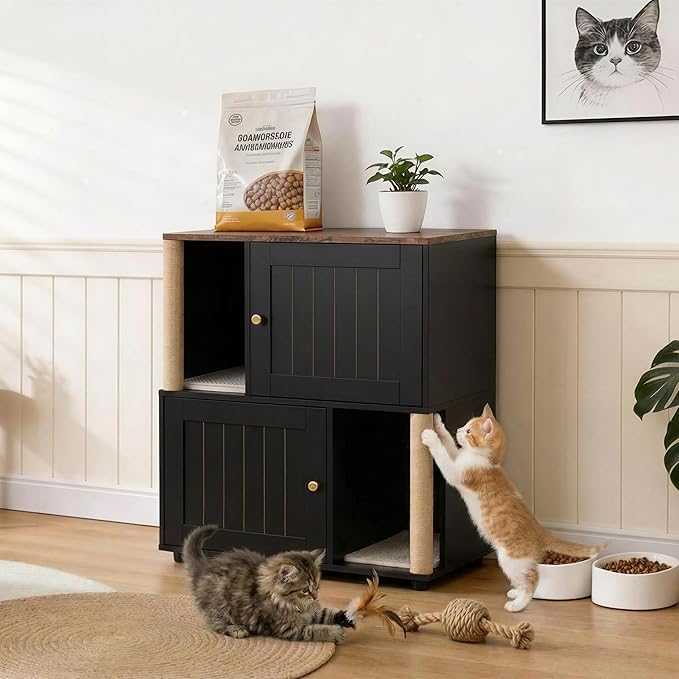 Garvee Cat Litter Box Enclosure for 2 Cats, Double Hidden Litter Box Furniture Cabinet with 2 Scratch Mat and Scratch Post, Modern Farmhouse Wooden Enclosed Cat Washroom, End Side Table - Image 3