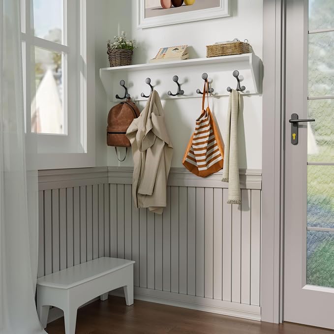 SKOLOO Wall Shelf with Hooks, 35-Inch White Coat Rack Wall Mount with Shelf Organizer - Lightweight & Sturdy​​, 5 Tri Hooks - Perfect for Entryway, Hallway, Living Room, Bedroom, Mudroom - Image 2