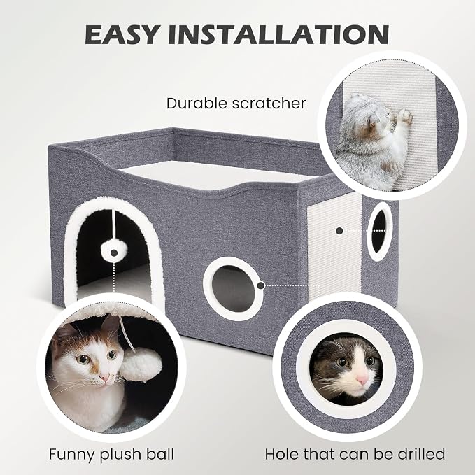 Heeyoo Cat House for Indoor Cats - Large Cat Bed Cave with Fluffy Ball and Scratch Pad, Foldable Cats Houses & Condos, Cat Hideaway, Covered Kitty Bed for Multi Small Large Kitty, 23.8x15.9x13.2 Inch - Image 5