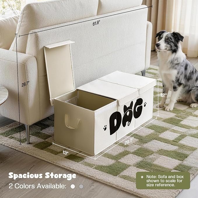 Dog Toy Basket with Lid, 3 Compartments Dog Basket for Toys, Dog Toy Box with 2 Removable Dividers, Collapsible Storage Bins for Dog Toys, Dog Storage Organizer, Beige - Image 2