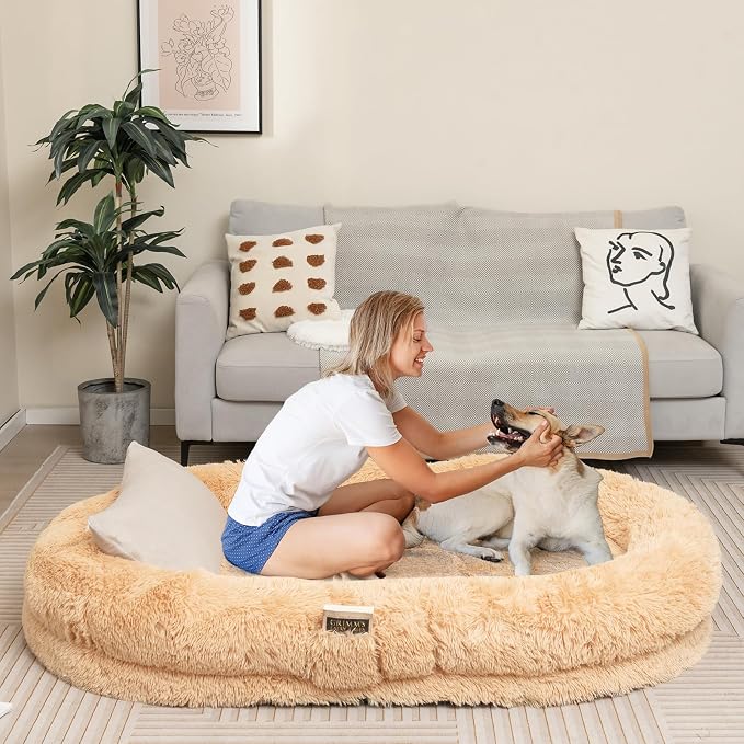 Giantex Human Dog Bed - 71" x 45" Large Human Size Dog Bed for Adult, Orthopedic Egg Crate Foam, Washable Faux Fur Bed Cover, Blanket, Pillow, for Pets and People Doze Off Napping (Brown) - Image 2