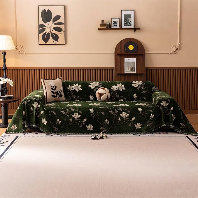 STACYPIK Vintage Garden Floral Couch Cover Chenille Jacquard Green Sofa Cover Textured Botanical Couch Cover for 3 Cushion Couch Dog Non-slip Loveseat Futon Sofa Cover Versatile Throw Blanket-71X150IN by STACYPIK