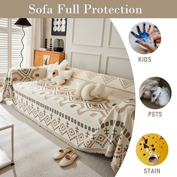Homcosan Couch Sofa Cover Chenille Sectional Sofa Cover Non Slip Couch Cover for Dogs Washable Chenille Couch Cover Boho Sofa Slipcover for 2 Cushion Couch-Khaki - Image 5