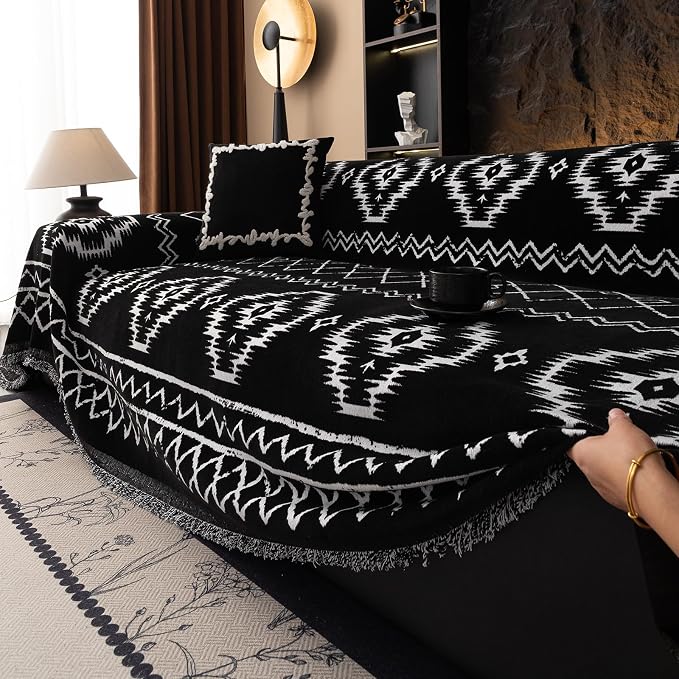 VClife Boho Couch Cover Chenille Sofa Cover for Sectional Sofa, Non Slip Couch Covers for 2 Seater Sofa Pet Friendly Sofa Protector with Tassel, Tribal Pattern Couch Slipcover, Black, 71"X118" - Image 9