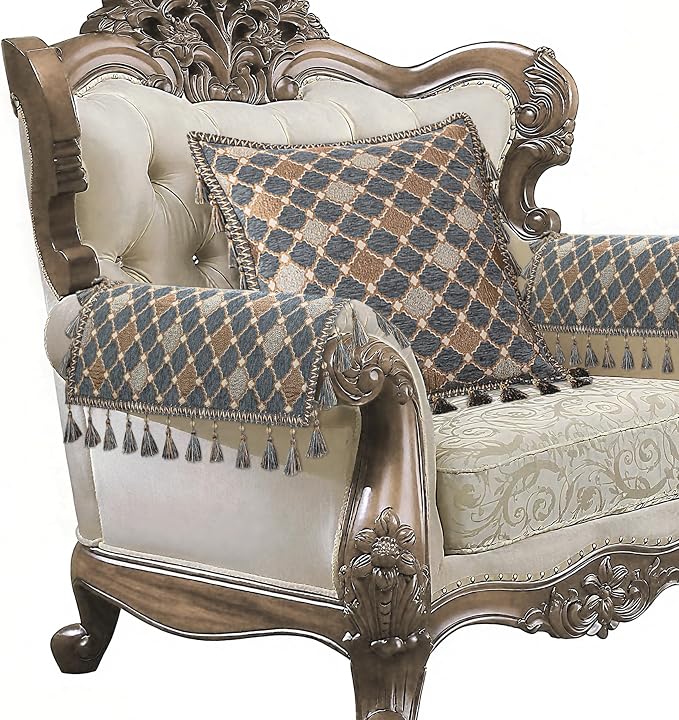 Loom and Mill Chenille Sofa Arm Covers 2 PCS, Blue-Grey+Khaki+Beige,20x24in | Elegant Checkered Jacquard Couch Armrest Cover with Tassels, Non-Slip Furniture Protector for Chair Sofa Couch Dogs Pets by LoomandMill