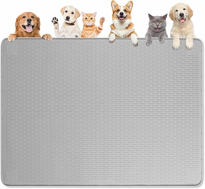 Dog Food Mat 50''x35'' Extra Large Dog Mat for Food and Water, Light Grey | Silicone Dog Bowl Mat with Raised Edge, Waterproof Non-Slip Pet Feeding Mat for Floors, fit for Dog Cat Bowls by Bartuke