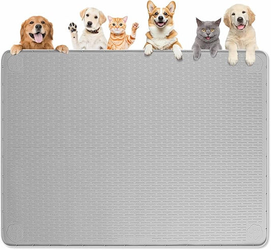 Dog Food Mat 50''x35'' Extra Large Dog Mat for Food and Water, Light Grey | Silicone Dog Bowl Mat with Raised Edge, Waterproof Non-Slip Pet Feeding Mat for Floors, fit for Dog Cat Bowls by Bartuke