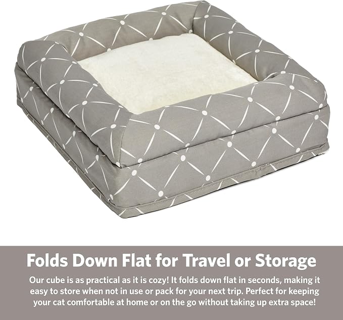 MidWest Homes for Pets Feline Nuvo Curious Cat Cube, Foldable Cat Hideout with Toy, Bolstered Bed Top, Mushroom Diamond, Faux Fur - Image 5