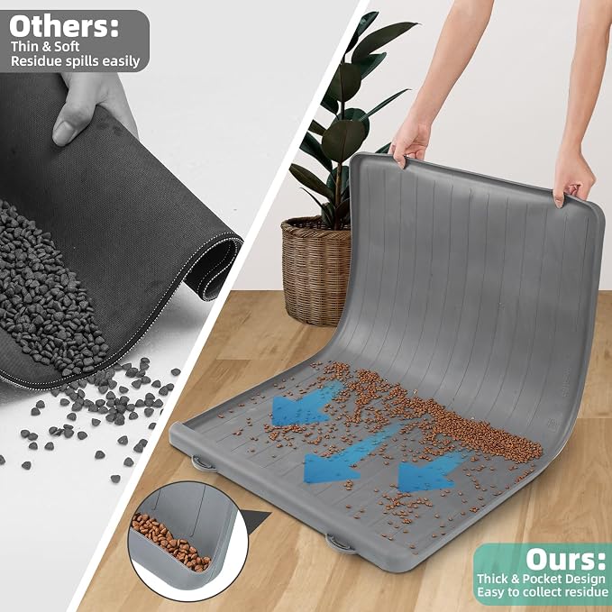 Dog Mat for Food and Water - 39.4" x 27" Large Pet Feeding Mats with Residue Collection Pocket - Waterproof Dog Cat Bowl Mat with High Edges to Prevent Water and Food Spills (Light Grey) | Waterproof Pet Bowl Mat with Residue Collection Pocket and High... - Image 4
