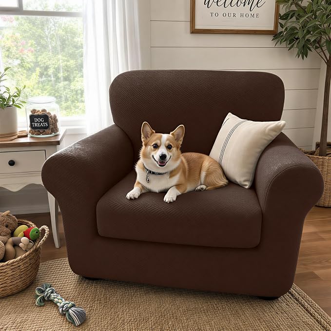 XINEAGE 2026 New 2 Pieces Chair Covers with Arms Super Stretch Chair Slipcover for Living Room Pet Dog Universal Slip Cover Anti Slip Armchair Furniture Protector (Coffee), 31"-46"(1 Cushion) - Image 3