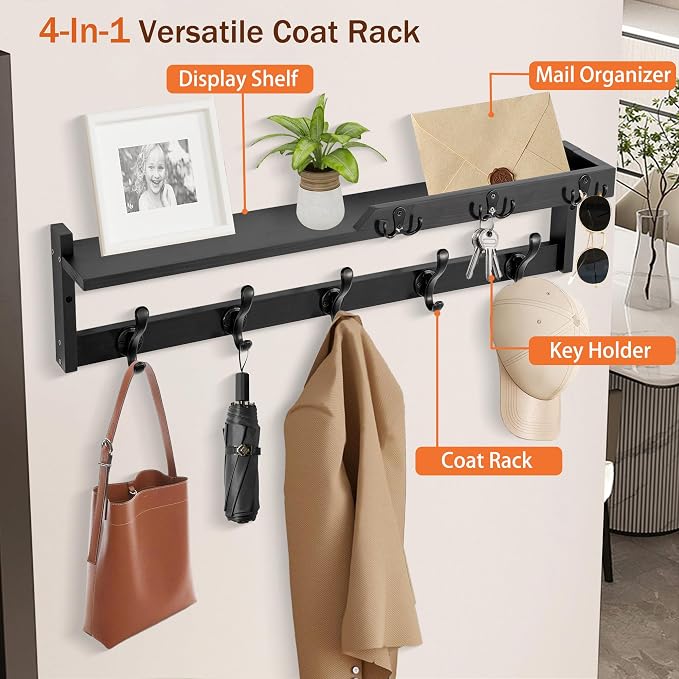 29'' Coat Rack Wall Mount with Shelf, Coat Hanger Wall Mount with Key Hooks and Mail Holder, Wood Entryway Floating Shelf with Hooks and Storage, Hat Rack for Wall Key Holder Mail Organizer - Image 2