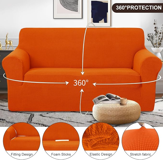 U-NICE HOME Oversized Stretch Loveseat Couch Cover, Orange | 2 Cushion Sofa, 1-Piece Sofa cover, Washable, Pet friendly, Furniture protector, Polyester Spandex Jacquard fabric - Image 3