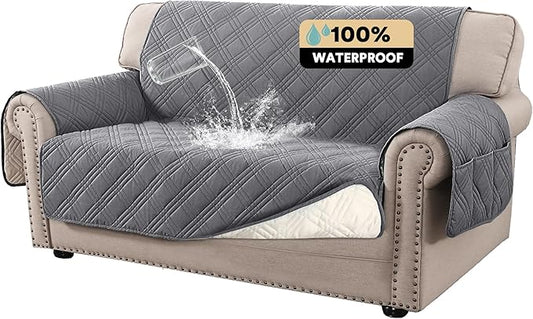 PrinceDeco 100% Waterproof Loveseat Covers for 2 Cushion Couch Sofa Covers Waterproof and Washable Sofa Slipcover with Side Pocket Furniture Protector with Elastic Straps(Loveseat 48", Grey) by PrinceDeco