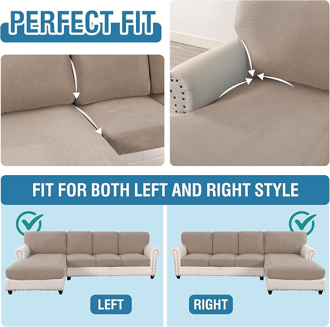 H.VERSAILTEX Sectional Couch Covers 8 Pieces Stretch Sofa Covers for Sectional Sofa Set Separate L Shaped Couch Cover for Both Left/Right Couch (Seat and Back: 1 Chaise + 3 Sofa, Sand) - Image 5