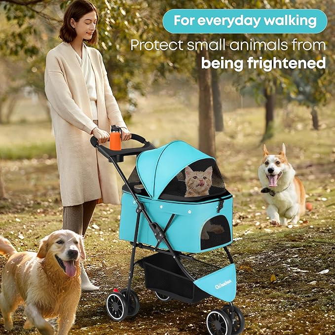 Pet Stroller,Dog Stroller for Small Medium Dogs Cats,3 Wheels,Foldable,with Breathable Mesh Canopy,Cup Holders,Easy Assembly,Mint Green