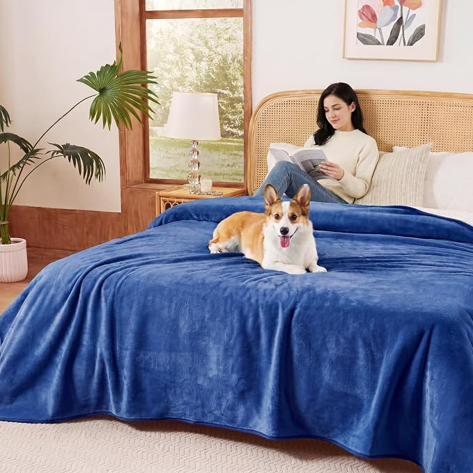 Sunheir Waterproof Blanket for King Size Bed - 108"x86" Soft Reversible Sherpa Fleece Flannel Dog Blankets for Large Dogs, Pet Blanket for Bed, Couch, Soft Plush Furniture Protector, Blue by SUNHEIR