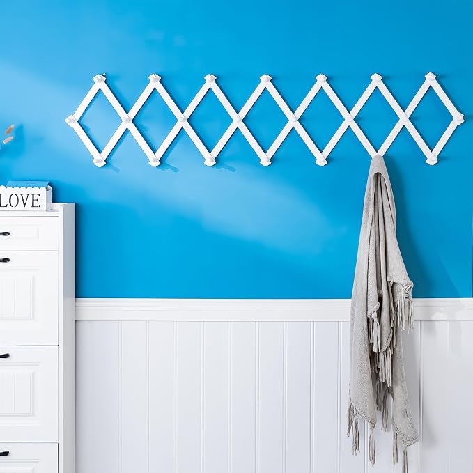 SKOLOO Accordion Wall Hanger with 22 Hooks, Modern Expandable Coat Rack Hat Rack for Wall, Solid Wooden, White - Image 2