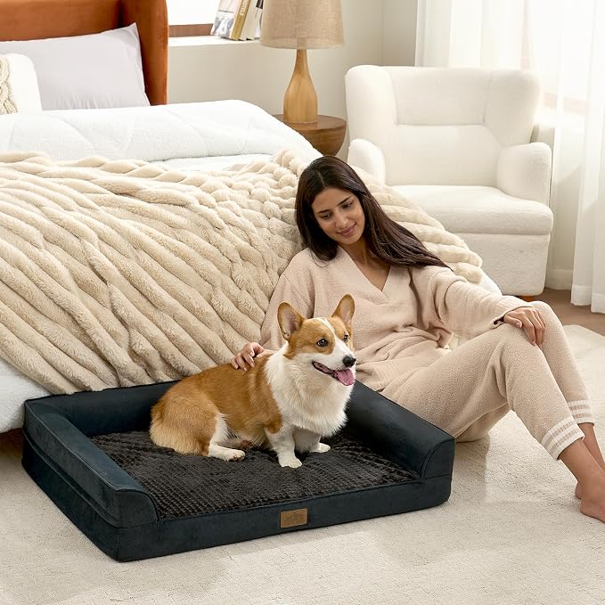 COZY KISS Orthopedic Large Dog Beds, Bolster Pet Couch with Waterproof Lining, Egg Crate Foam Sofa for Pets Up to 65 lbs, U-Shaped, 36x27x6.5 inch, Black - Image 5