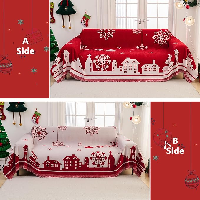 MEETSKY Christmas Couch Cover Red Sofa Slipcover for 2 Couch, Sofa Covers Washable Use Thick Soft Fabric Couch Cover for Dogs, Multi-Use Decorative Couch Protector for Pets, 71" x 118", Red - Image 6
