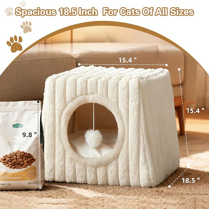 Dogpals Indoor Cat House - Large Cat Cave Bed with Fluffy Balls, Foldable Cat Bed Cave and Apartment with Pads, Suitable for Multiple Small and Large Cats, 18.5x15.4x15.4inches (White, XL) - Image 4