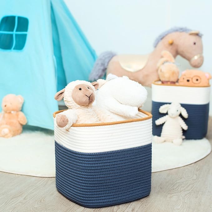 MINTWOOD Design 3-Pack 11x11 Inch Cube Storage Bin, Woven Storage Cube Organizer, Closet Organizer, Cute Square Storage Bins, Decorative Classroom Bathroom Pantry and Shelf Baskets, Prussian Blue - Image 3