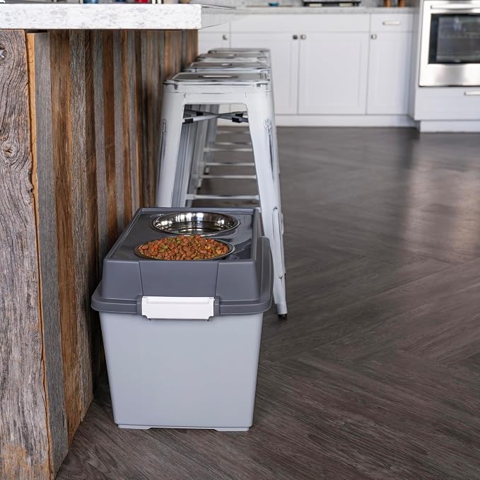 IRIS USA Dog Bowls Elevated with Storage, 15" H Raised Feeding Station, Dog Bowl Stand with Airtight Food Storage Holds 47 lbs, 2 Removable 64 oz Stainless Steel Bowls for Large Dogs, Gray/Dark Gray - Image 6