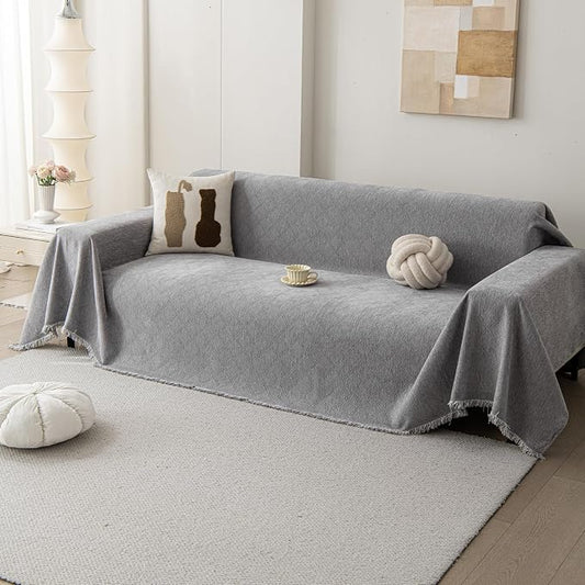 DREAMINGO Modern Chenille Couch Cover Blanket Washable Sofa Covers for 3 Cushion Couch Diamond Weave Textured Furniture Protector for Dogs Soft Light Grey Couch Throw Cover, XX-Large 71"x150" by DREAMINGO