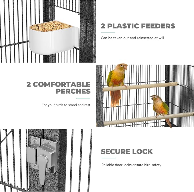 YITAHOME 41 inches Metal Bird Cage for Parakeets: Large Parrot Cages with Tray, Food Boxes, and Wooden Perches with Rolling Stand & Brakes for Lovebirds Cockatiels Pigeon Finches, Black | Large Parrot Cages with Tray, Food Boxes, and Wooden Perches wit... - Image 4