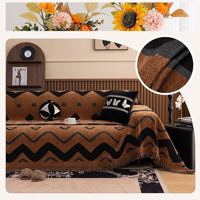 ROOMLIFE Dark Brown Couch Cover 3 Cushion Sofa, Washable Non Slip Furniture Sofa Protector Cover, Soft Chenille Sofa Slipcovers Sectional L Shape Dogs Couch Cover Throw Blanket with Tassels71''X150'' - Image 5