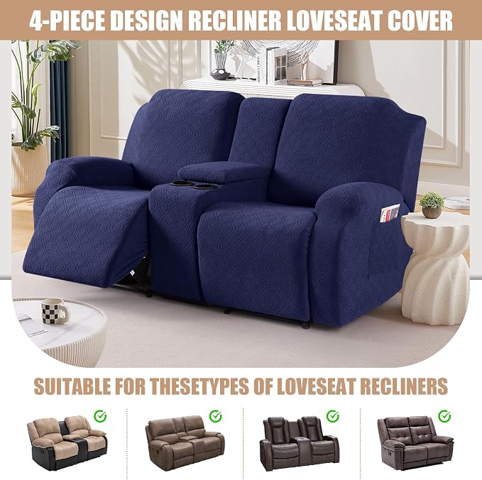 VANSOFY Stretch Recliner Loveseat Cover with Middle Console, Navy Blue | 4-Pieces, Soft Furniture Protector, Washable Slipcover with Pocket, Pets Sofa Cover, High Stretchy fabric Couch Cover - Image 4
