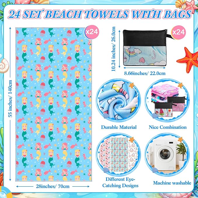 Peryiter 48 Pcs Microfiber Beach Towel with Bags Bulk, 24 Large Quick Dry Pool Towels and 24 Storage Bags, 28 x 55 Inch Ice Cream Mermaid Blanket for Beach Swimming Summer Party Camping Travel Women - Image 2