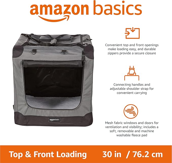 Amazon Basics Folding Portable Soft Pet Dog Crate Carrier Kennel with Fleece Pad, 30 x 21 x 21 inches, Grey