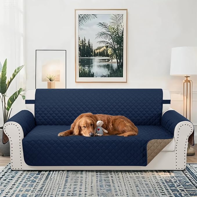 Reversible 4 Seater Sofa Cover 91" Large, Sofa, Navy/Camel | Couch Cover Furniture Protector with Foam Sticks Elastic Straps Furniture Protector for Pets Children Dog Cat - Image 2