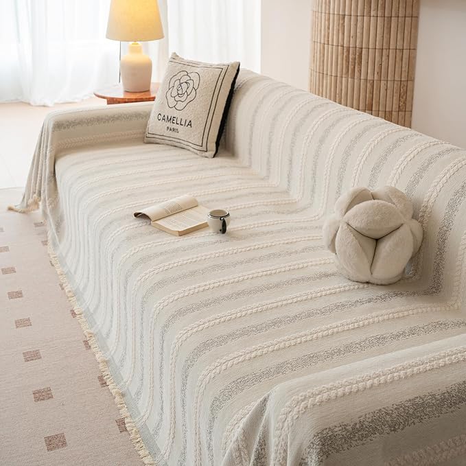 VClife Chenille Sofa Cover Bohemian Striped Pattern Couch Cover for 2 Cushion Sofa - Cream and Gray Textured Sofa Slipcover Washable Furniture Protector for Couch Decorative Couch Cushion Cover - Image 8