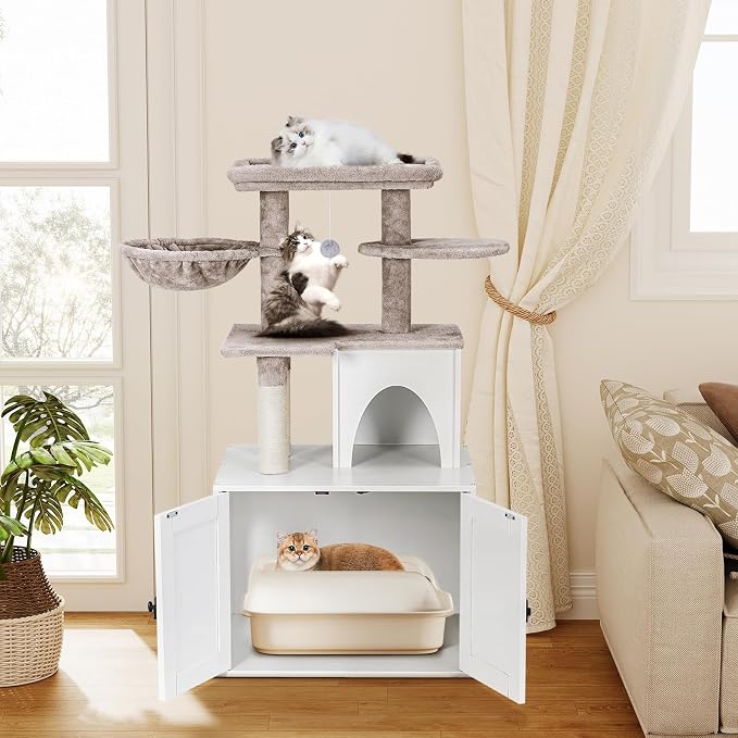 Snughome Cat Litter Box Enclosure with Cat Tree Tower and Condo, Hidden Washroom Furniture with Sisal Scratching Post and Soft Plush Perch, Wooden Cat Furniture with Multiple Platforms, White - Image 3