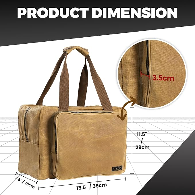 Tool Tote Bag - Large Capacity Tool Carrying Bag with 2 Zipper Pouches, Sustainable 16OZ Waxed Canvas Garden Tote for Gardening Set Hammer Fishing Gear Goggles - Khaki - 15.5"L x 7.5"W x 11.5"H - Image 2
