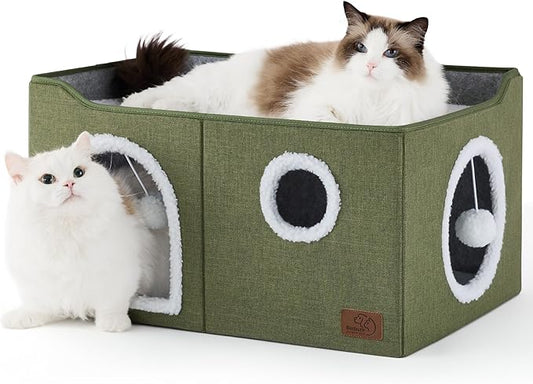 Bedsure Extra Wide Cat House Bed with Fluffy Ball and Scratch Pad | Loden Green,23.6x16.9x13 in,Indoor Cat Cave for Multiple Pets, Foldable Cat Hideway Cube for Sleeping Large Cat and Kitten by Unknown