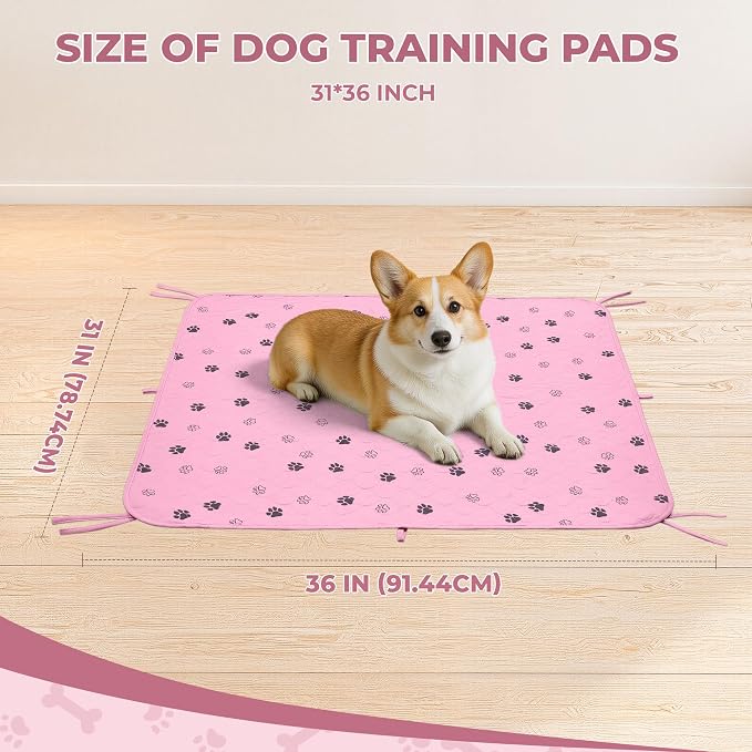 Fostanfly Washable Dog Pee Pads, Ultra-Absorbent, 31"x36"-2 Pack, Pink | Leak-Proof, Waterproof, Non-Slip, Large Reusable Pee Pads for Puppy Potty Training, Crate and Playpen with 8 Tie Straps - Image 2