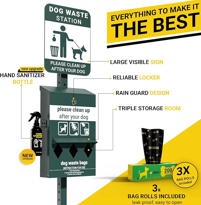Pet Waste Station with Pedal - Includes 600 Roll Bags & 50 Can Liners - Glow in the Dark Dog Waste Station with Dog Poop Sign, Bag Dispenser, Hand Sanitizer Bottle & Outdoor Trash Can with Lid - Image 4