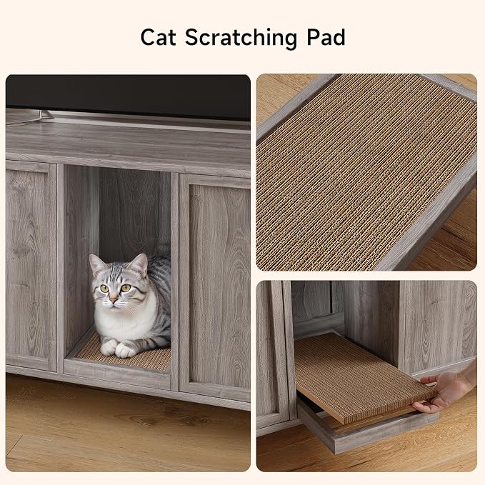 ONBRILL 59 Inches Cat Litter Box Enclosure for 2 Cats, Hidden Litter Boxes Furniture with Cat Scratch Pad, Large Indoor Pet House with Double Room, Wooden TV Stand Side Table, Grey - Image 7