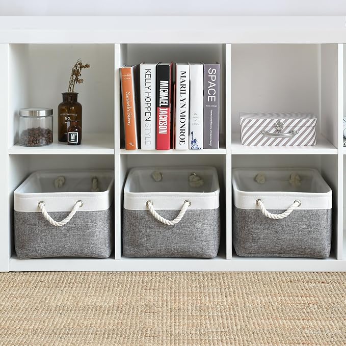 TheWarmHome Storage Basket for Organizing - 15.7x11.8x8.2 inch Large 3 Pack Collapsible Storage Bins for Shelves, Fabric Storage Cubes for Gift Closet Linen Organization (White & Grey) - Image 4